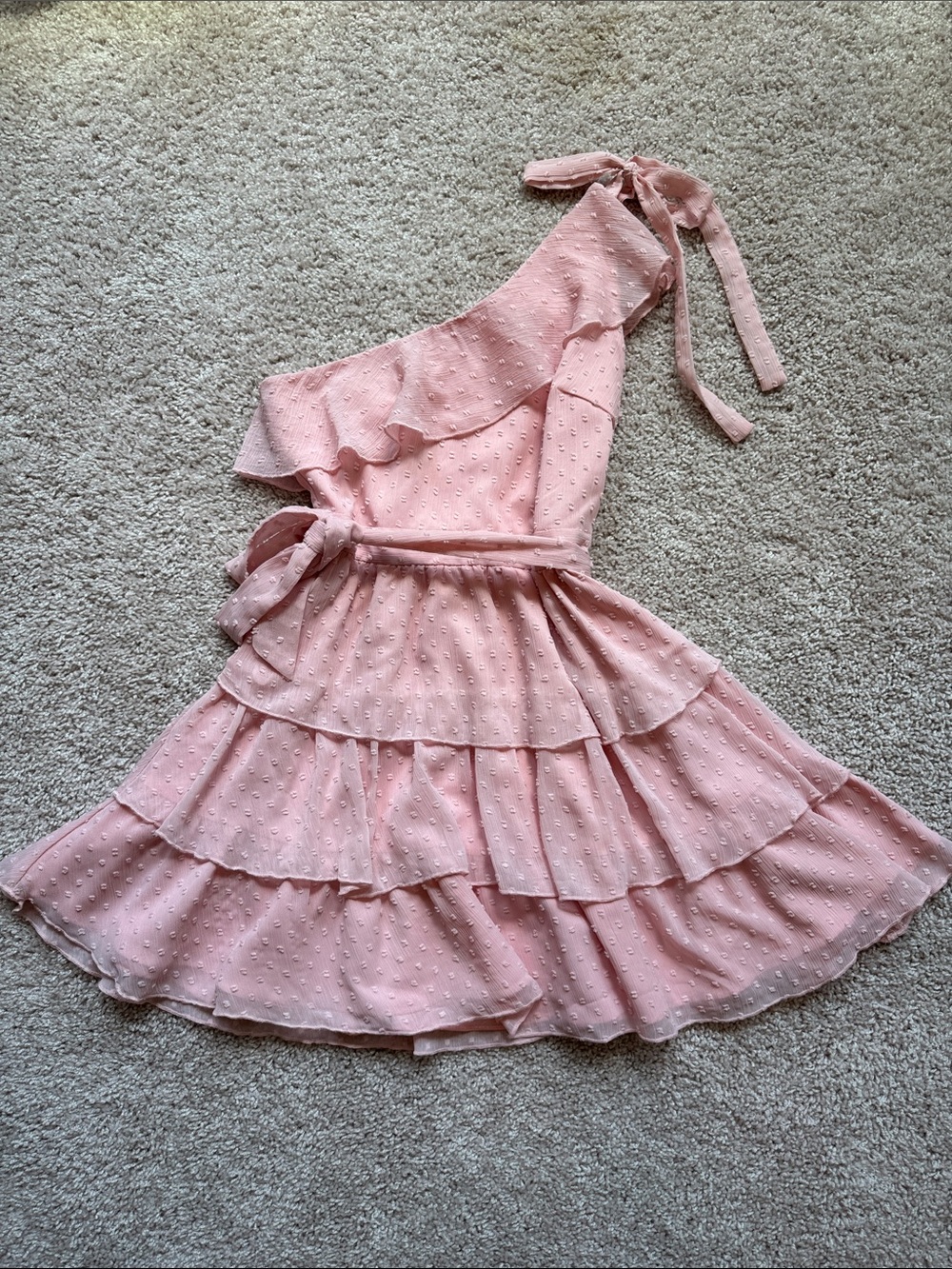 Showpo Blush Pink One-Shoulder Ruffle Tiered Dress